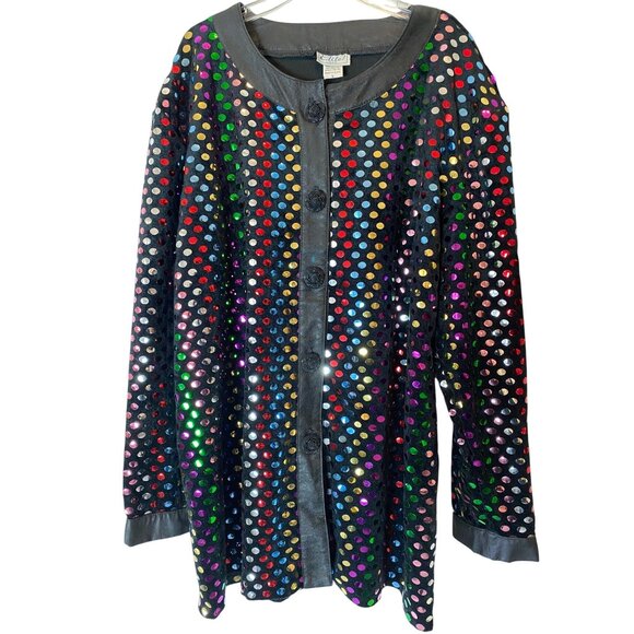 Elite USA Sequin Polka Dot Black Jacket Faux Leather Trim & Button Front Large - Picture 2 of 11